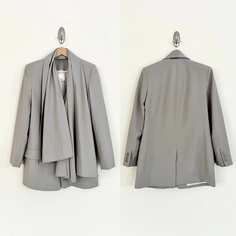 TIBI Tropical Wool Detachable Scarf Blazer Jacket in Cement Grey